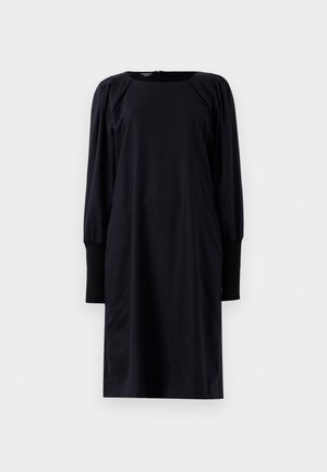 Black long-sleeve midi dress with puffed shoulders and wide cuffs, featuring a round neckline and a back zipper closure.