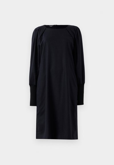Schwarzes Midi-Kleid mit langen Ärmeln, gepufften Schultern und breiten Manschetten, mit rundem Ausschnitt und einem Reißverschluss hinten.