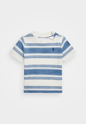 Kortærmet baby T-shirt med blå og hvide horisontale striber og to trykknapper på skulderen for nem påklædning.
