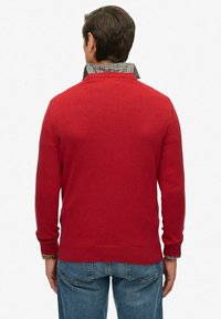 Rode trui met lange mouwen en geribbelde zoom, gedragen over een geblokte coll shirt, gezien vanuit de rug.