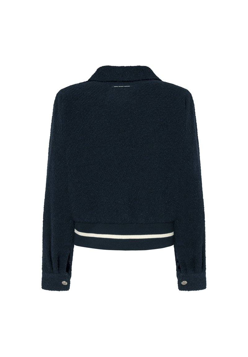 Marineblaue, strukturierte Jacke mit Kragen, geripptem Saum und gestreiften Akzenten. Verfügt über Knopfmanschetten und ein verkürztes Design.