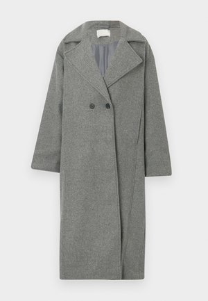 Gray wool blend coat with a double-breasted design, wide lapels, and mid-length sleeves. Features two black buttons and a smooth inner lining.