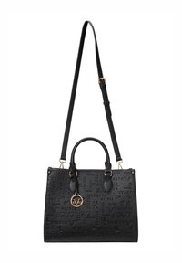 Zwarte handtas met een gestructureerde vorm, geperst patroon, dubbele handvatten en een verstelbare schouderband. Voorzien van gouden hardware en logo-accenten.