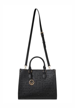 Zwarte handtas met een gestructureerde vorm, geperst patroon, dubbele handvatten en een verstelbare schouderband. Voorzien van gouden hardware en logo-accenten.