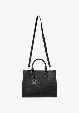Zwarte handtas met een gestructureerde vorm, geperst patroon, dubbele handvatten en een verstelbare schouderband. Voorzien van gouden hardware en logo-accenten.