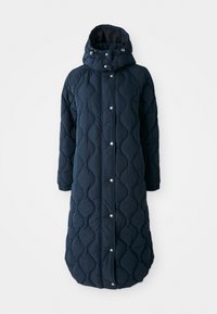 Gequilted, donkerblauwe lange jas met een capuchon, voorzien van drukknopen, elastische manchetten en een gemustreerd textuur voor extra warmte.
