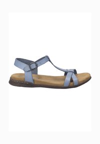 Sandalo T-strap in pelle azzurro chiaro con fibbia regolabile, sottopiede imbottito color cuoio e suola testurizzata marrone scuro.