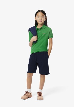 Chemise polo verte, shorts navy et baskets beige. La polo a un col et un logo ; les shorts sont de longueur genou. Un pull navy est drapé sur un bras.