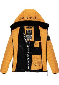 Yellow puffer jacket with a black, soft interior. Features a hood, zippers, and multiple interior pockets with printed text and designs.