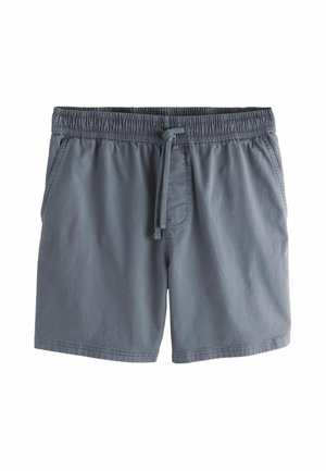 Szürke elasztikus derékpántos rövidnadrág zsinórral és oldalzsebekkel, hétköznapi viseletre tervezve.