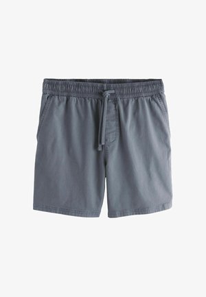 Szürke elasztikus derékpántos rövidnadrág zsinórral és oldalzsebekkel, hétköznapi viseletre tervezve.