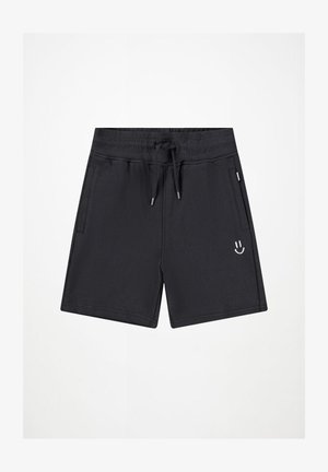 Shorts noirs en tissu doux, avec une taille à cordon de serrage, des poches latérales et un graphique de smiley blanc sur le devant.