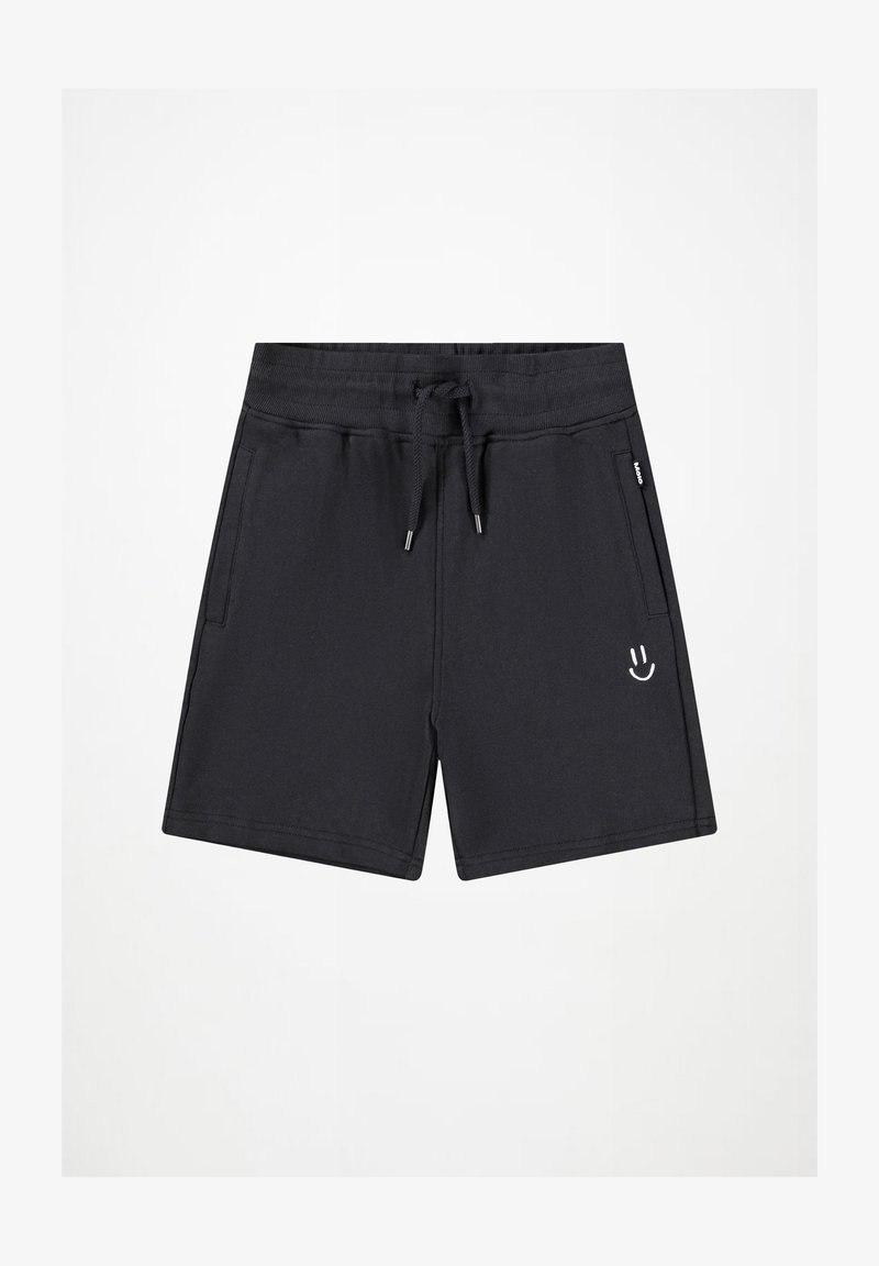 Μαύρες βερμούδες από μαλακό ύφασμα, με κορδόνι στη μέση, πλαϊνές τσέπες και ένα λευκό γραφικό χαμογελαστού προσώπου στο μπροστινό μέρος.