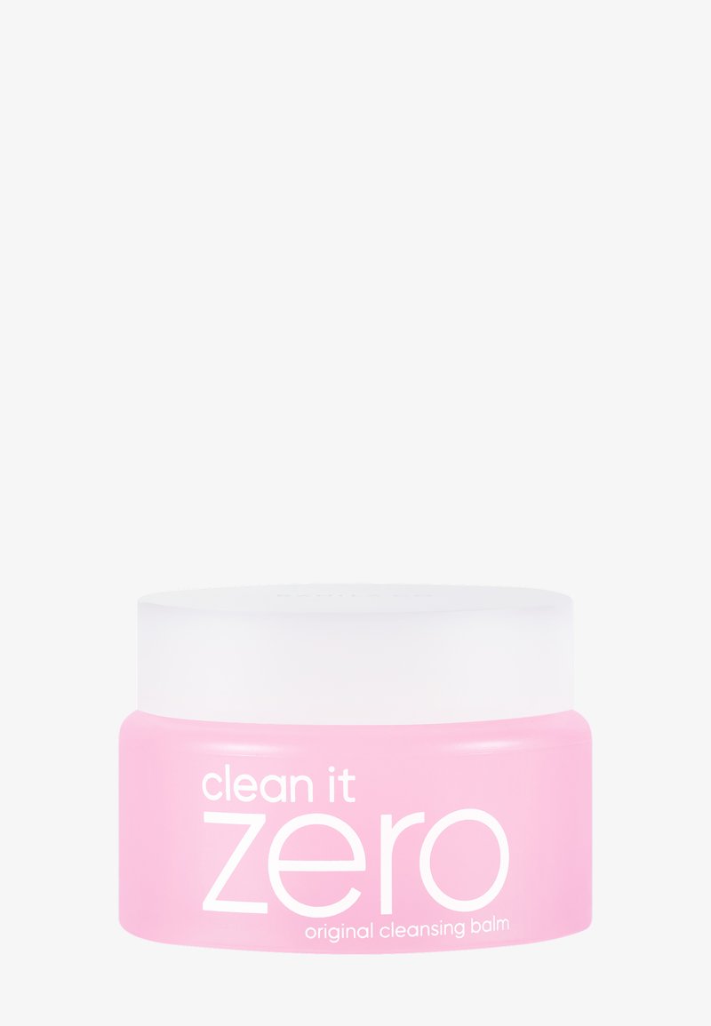 Roze plastic pot met witte deksel, gelabeld "clean it zero original cleansing balm", ronde vorm, glad oppervlak, zonder patronen.