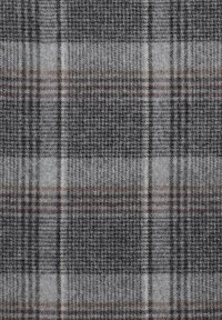 Wełniana tkanina w kratkę w odcieniach szaro-czarnych z subtelnymi brązowymi akcentami oraz różnorodnymi teksturami w splotach.