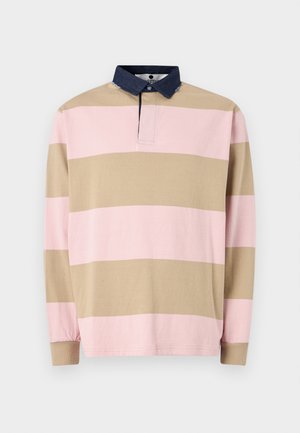 Long-sleeve polo shirt in pink and beige stripes, with a contrasting dark denim collar and button placket, made of soft cotton material.
