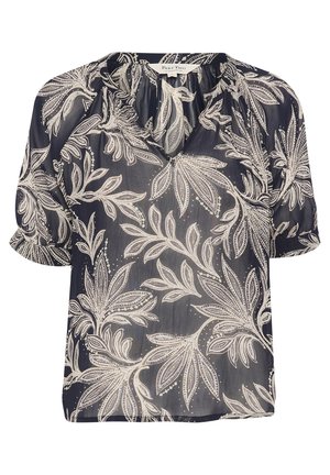 Blå blomsterbluse med korte ærmer, udstyret med V-hals og detaljerede hvide bladmønstre. Lavet af let, gennemsigtig stof.