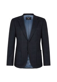 Donkerblauwe blazer met een gestructureerd ruitpatroon, twee voorkruiken en een enkele knoopsluiting. Gevoerd interieur met contrasterende kleur.