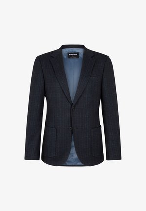 Blazer bleu foncé avec un motif à carreaux texturé, deux poches avant et une fermeture à un bouton. Doublure intérieure de couleur contrastante.