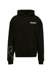 Felpa nera con cappuccio realizzata in misto cotone. Presenta una tasca frontale a marsupio, polsini a coste e il logo 'Rocawear' in bianco sul petto.