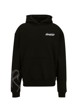 Schwarzer Kapuzenpullover aus Baumwollmischung. Mit einer Vorderseite in Kängurutaschenstil, gerippten Bündchen und dem weißen 'Rocawear'-Logo auf der Brust.