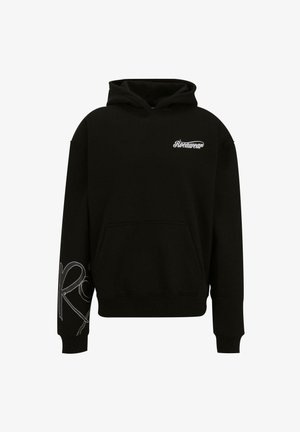 Schwarzer Kapuzenpullover aus Baumwollmischung. Mit einer Vorderseite in Kängurutaschenstil, gerippten Bündchen und dem weißen 'Rocawear'-Logo auf der Brust.