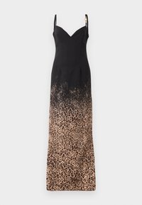 Robe noire sans manches avec un décolleté en V, présentant un dégradé de motif léopard du niveau de la taille vers le bas. Tissu lisse et silhouette ajustée.