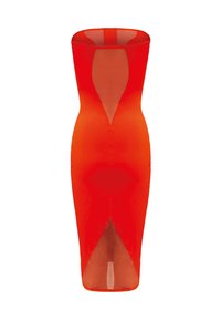 Rotes Kleid mit einer taillierten Silhouette, hergestellt aus transparenter Material. Es hat einen tiefen V-Ausschnitt vorne und hinten, mit einem sanften, kräftigen Farbverlauf.