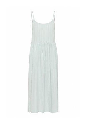 Lyseblå og hvidstribet sommerkjole med tynde stropper, rund halsudskæring og en samlet talje, der har en svajende knælang nederdel.