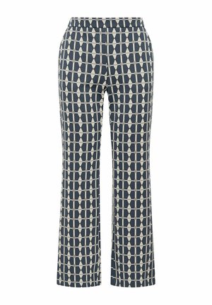 Pantaloni con motivo a gamba larga, caratterizzati da un motivo geometrico blu e beige. Vita elastica, tessuto morbido.