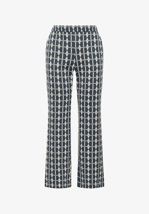 Pantaloni con motivo a gamba larga, caratterizzati da un motivo geometrico blu e beige. Vita elastica, tessuto morbido.