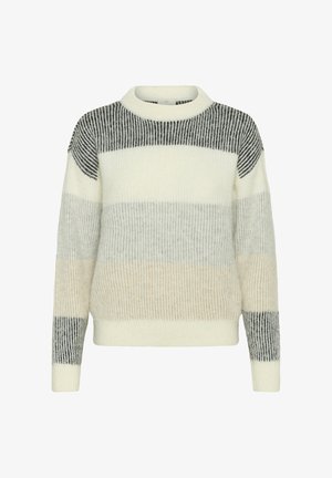 Pull en maille de couleur crème, gris et noir à rayures. Il présente un col rond, une texture côtelée et des manches longues avec des motifs contrastants.