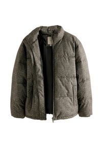 Harmaa puffatakki, jossa on tikattu rakenne, vetoketjusuljenta, avoin kaulus ja sivutaskut. Sisäpuoli on varustettu sileällä mustalla vuorella.