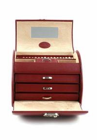 Boîte à bijoux en cuir rouge avec quatre tiroirs, doublure beige douce, design arrondi, miroir à l'avant et accents en métal argenté.