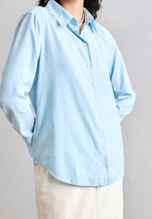 Vrouw die een lichtblauw overhemd met knopen en lange mouwen draagt, en crèmekleurige broek, met handen in de zakken van het overhemd, tegen een effen achtergrond.