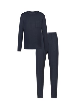 Chemise bleu marine à manches longues avec une poche poitrine et un pantalon de pyjama assorti. Le tissu semble doux avec une légère élasticité, conçu pour le confort.