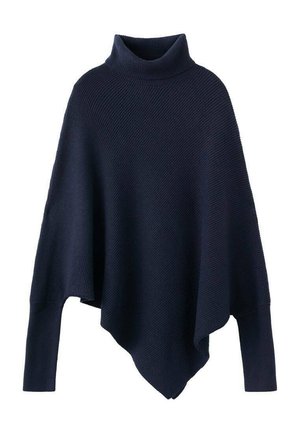 Pletena mornarsko plava pončo s visokim ovratnikom, karakteristična po opuštenom kroju i teksturiranom rebrastom uzorku. Rub je asimetričan i pada u naborima.