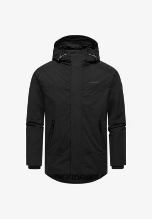 Black outer jacket featuring a hood, zippered side pockets, and a smooth texture. The design is sleek with a straight cut and minimal accents.