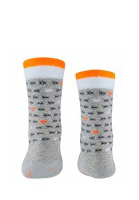 Szare skarpetki z powtarzającym się wzorem ryb w czerni i pomarańczu, z pomarańczowymi i białymi ściągaczami. Wykonane z miękkiego, elastycznego materiału.