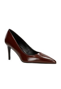 Hnědá kožená obuv s špičatou špičkou a vysokým podpatkem s úzkým stiletto, prezentována z boku na bílém pozadí.