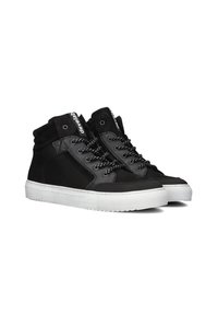 Zwarte hoge sneakers van een mix van leer, suede en rubber. Voorzien van een witte rubberen zool en geraffineerde veters. Logo weergegeven op de tong.