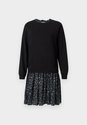 Fekete ruha, hosszú ujjú toppal, kerek nyakkivágással, és virágmintás, réteges szoknyával fekete, kék és zöld árnyalatokban.