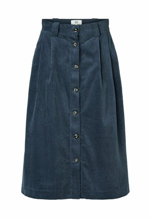 Marineblauwe corduroy rok met een rechte pasvorm, knoopsluiting aan de voorkant en geplooide details. Gestructureerde stof met verticale strepen.