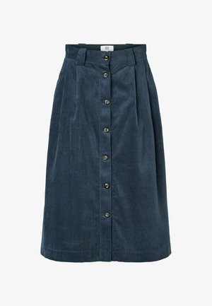 Tengerészkék kord szoknya, egyenes szabással, elöl gombolásos rögzítéssel és pliszírozott részletekkel. Texturált anyag, függőleges csíkokkal.