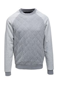 Szara bluza z wzorem diamentowym na przodzie, ribbowane mankiety i dół oraz kontrastowe szare rękawy raglanowe. Miękka mieszanka bawełny.