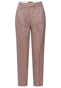 Rutiga byxor i rött och vitt, skräddarsydd design, raka ben och framtill vikningar. Tillverkade av lättviktsmaterial.