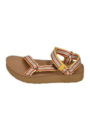 Open-toe sandal with thick tan sole and yellow straps featuring red, blue, and white stripes and adjustable hook-and-loop closures.