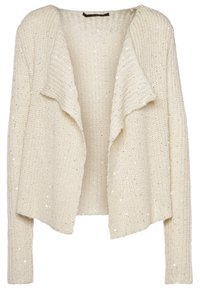 Cardigan en maille crème avec manches longues et devant ouvert drapé.