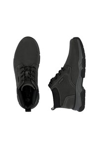 Black outdoor boots with synthetic material, low-profile design, textured surface, round toe, lace-up front, and rubber sole for traction.