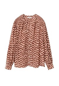 Blusa a maniche lunghe con bottoni, in motivo zigzag marrone e beige, con dettagli arricciati sulle spalle e polsini con bottoni.